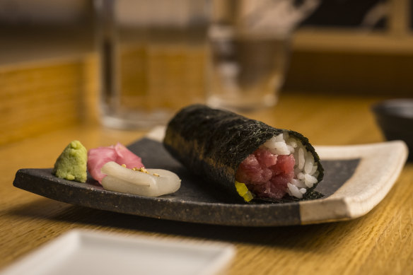Most hand rolls, including the tuna-filled “torotaku”, are $9.50.