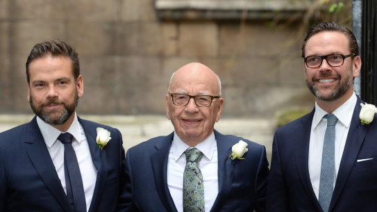 Rupert Murdoch flanked by sons Lachlan, left, and James. 