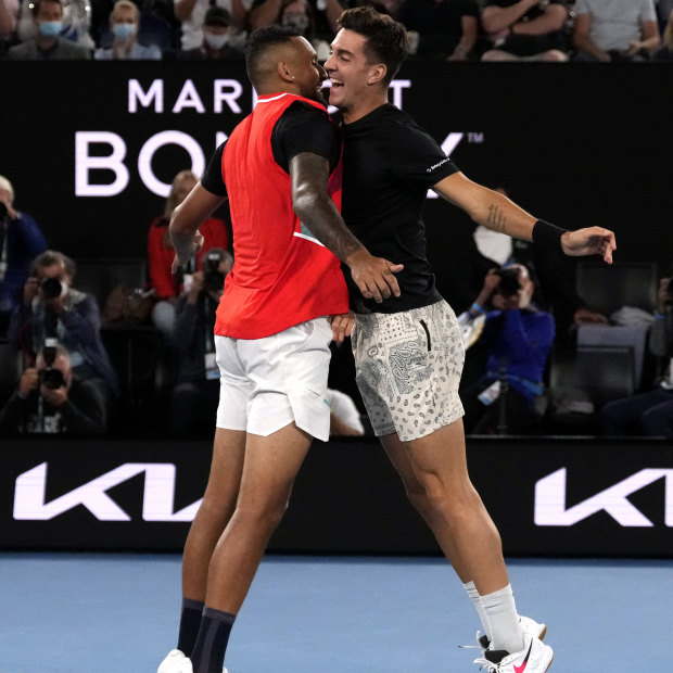 A new Netflix docuseries traces the bromance between Nick Kyrgios and Thanasi Kokkinakis, pictured here chest-bumping during the 2022 Australian Open.