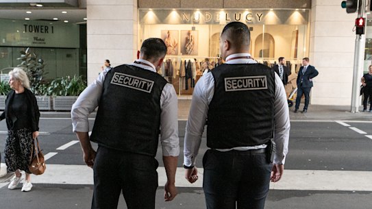 Security guards at Westfield Bondi Junction wore protective vests in a new security initiative after Saturday’s attack.
