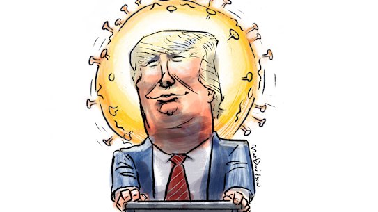 Caricature of President Donald Trump with his head in a coronavirus bubble about to burst. Illustration / cartoon by Matt Davidson