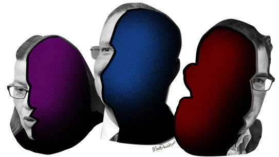 Three politician's heads partially in shadow or hollowed out, hiding most of their features. The heads are Jenny Mikakos, Scott Morrison and Daniel Andrews. Political transparency and accountability. Illustration for John Faine story by Matt Davidson