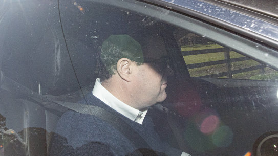 The former New South Wales trade minister Stuart Ayres departs his property in Mulgoa,.