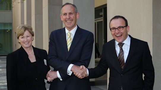 Former Greens leaders Christine Milne and Bob Brown with current leader Adam Bandt in 2011.  