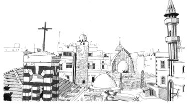 Maraw Al-Sabouni's sketch of mosques and churches in Old Homs. Illustration: @Marwa Al-Sabouni/ The Battle for Home, 2016.