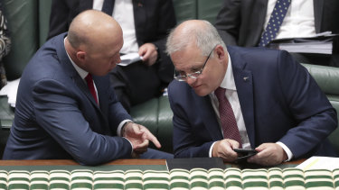 Peter Dutton and Prime Minister Scott Morrison during Question Time at Parliament House in Canberra last Tuesday.