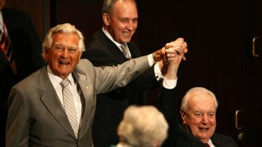 Labor leaders Bob Hawke, Paul Keating and Gough Whitlam in 2007.