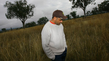 Former NRL player Nathan Blacklock, a descendant of the Myall Creek Massacre victims, visits the site of the massacre in 2008.