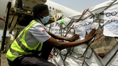A shipment of COVID-19 vaccines distributed by the COVAX Facility arrives in Abidjan, Ivory Coast. 