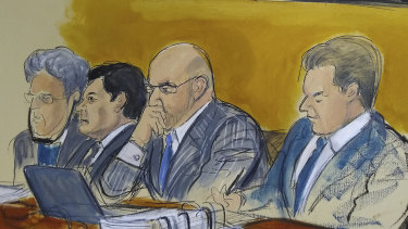 Mexican drug lord Joaquin "El Chapo" Guzman in a courtroom drawing, second from left.