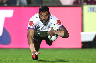 Josh Addo-Carr of the Storm scores a try against the Sea Eagles.