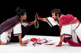 Zahra Newman and Ewen Leslie share a bloodied moment.
