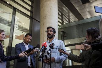 Aran Mylvaganam from the Tamil Refugee Council speaks to the media during Federal Court hearings related to the Biloela family.