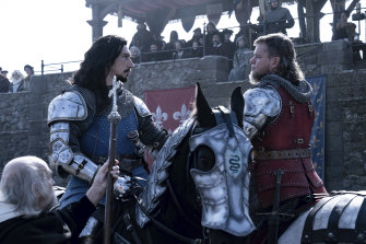 Matt Damon as Jean de Carrouges, right, and Adam Driver as Jacques LeGris face off in historical epic The Last Duel.