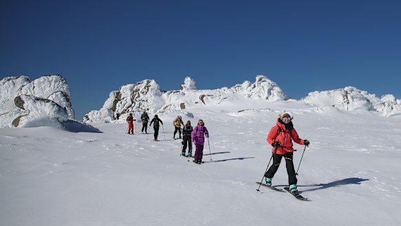 Alex Parsons leads a group of splitboarders and skiers during a backcountry tour.