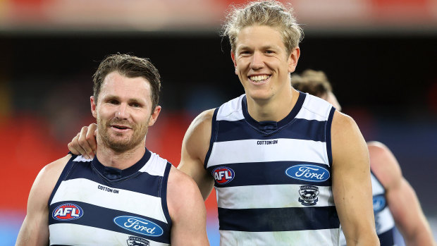 Winning grin: Rhys Stanley (right) with teammate and 2020 All Australian captain Patrick Dangerfield.