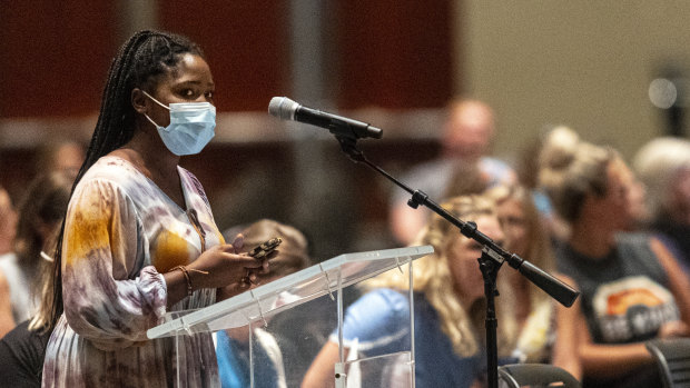 Student Micah Jones speaks during public comment at the Kent County board meeting at DeVos Place in Grand Rapids, Michigan. 