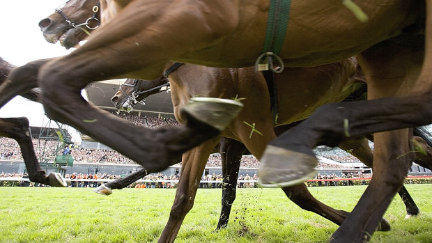 The field passes the post the first time in the 2006 Emirates Melbourne Cup.