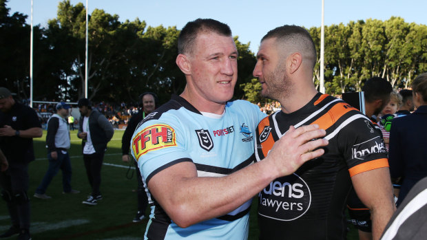 Paul Gallen and Robbie Farah share a moment after the match.