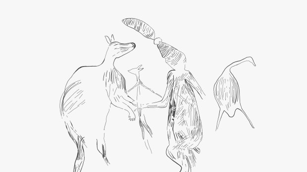 A clarified reproduction of one of the rock paintings showing a kangaroo on the left, a human with a large headdress on the right and a human figure with a kangaroo head in between them. An emu is depicted on the far right of the drawing.