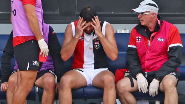 St Kilda's Paddy McCartin after a collision in 2019.