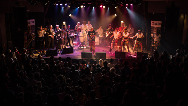 Femi Kuti performs with The Public Opinion Afro Orchestra at Max Watt's in Melbourne's CBD. Picture: Natasha Blankfield