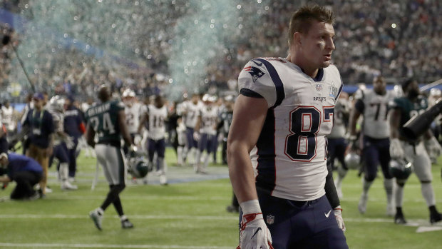 New England Patriot Rob Gronkowski leaves the field after Super Bowl LII Philadelphia.