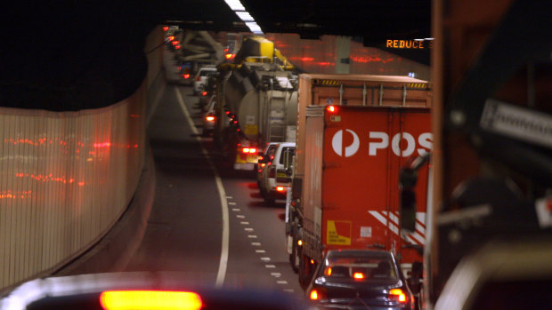 M5 traffic in the tunnel heading west as commuters finish work and crawl home bumper to bumper from the CBD.