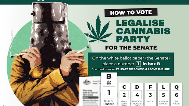 The Legalise Cannabis Party’s 2025 Senate how-to-vote card.