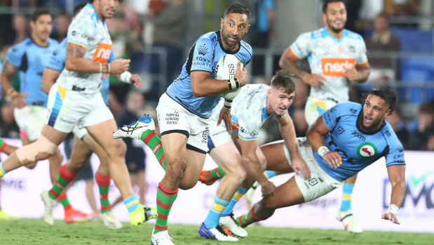 Benji Marshall breaks away to score on Friday night. Watching Marshall is like watching an Italian sculptor at work.