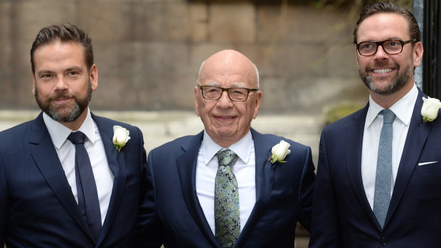 Rupert Murdoch flanked by sons Lachlan (left) and James. 