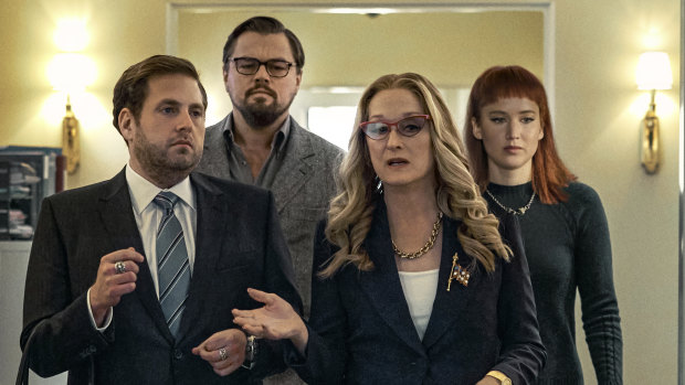 Ignoring the science: Jonah Hill, Leonardo DiCaprio as an astronomy professor and Jennifer Lawrence as a PhD student with Meryl Streep as the US president and Jonah Hill as her son and chief of staff in Don’t Look Up.