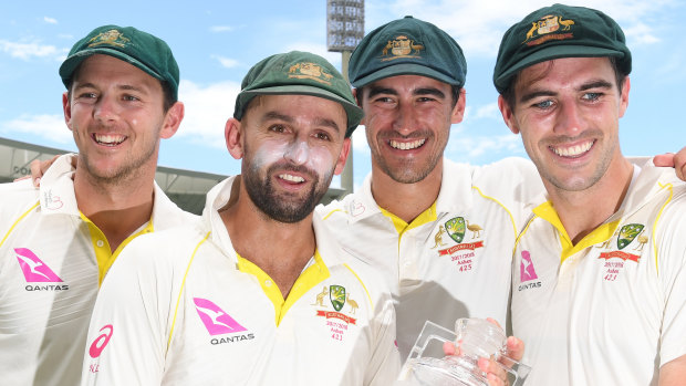 Australia’s bowling attack (left to right): Josh Hazlewood, Nathan Lyon, Mitchell Starc and Pat Cummins.