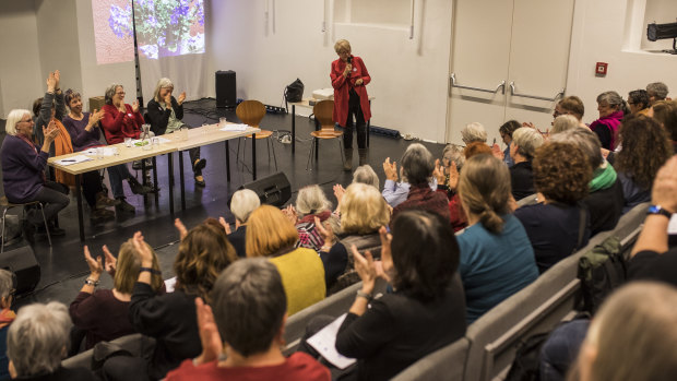 Monika Salzer, who founded the Grannies Against the Right group on Facebook in 2017, speaks at the Grannies’ general meeting in Vienna.