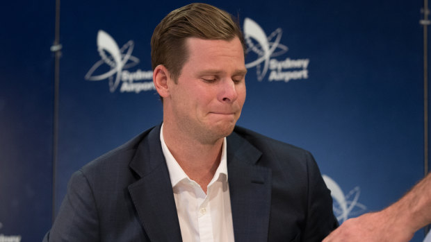 Fallen star: Steve Smith after his press conference at Sydney Airport.