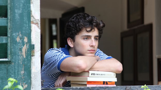 Elio (Timothée Chalamet) dreaming of that peach in Call Me By Your Name.