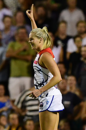 Unleashed: Katie Brennan fired the Dogs ahead at half-time with two crucial goals.