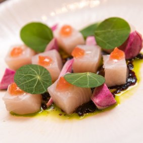 Raw Hiramasa kingfish, tamari onions, nasturtium and rice vinegar at Lee Ho Fook.