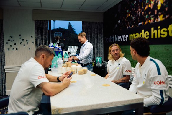 Socceroos Mat Ryan, Jackson Irvine and Alessandro Circati enjoy a barista-made coffee at their San Francisco HQ.