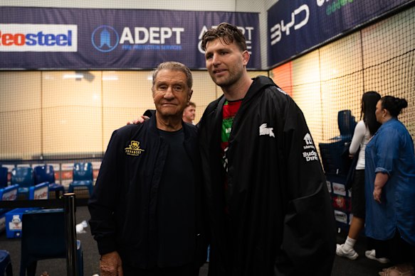 Nick Politis and Jai Arrow in the Roosters’ sheds.