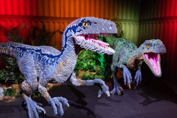 Lego velociraptors in the Jurassic World by Brickman exhibition.