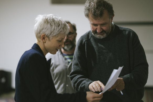 Rebecca Bower, John Leary (obscured) and Francis Greenslade in rehearsal for The Platypus.