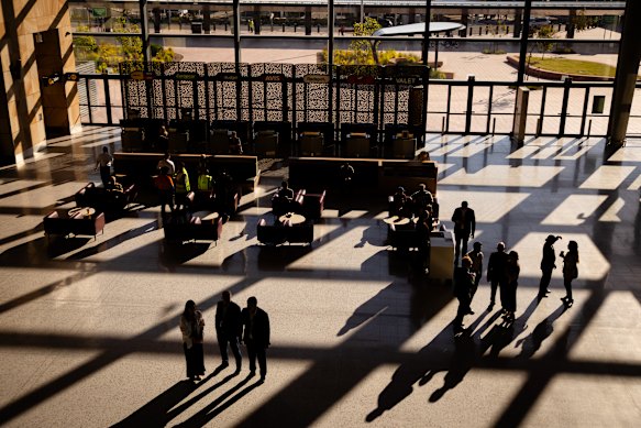 People arrive to the brand new Western Sydney International Airport on opening day. 