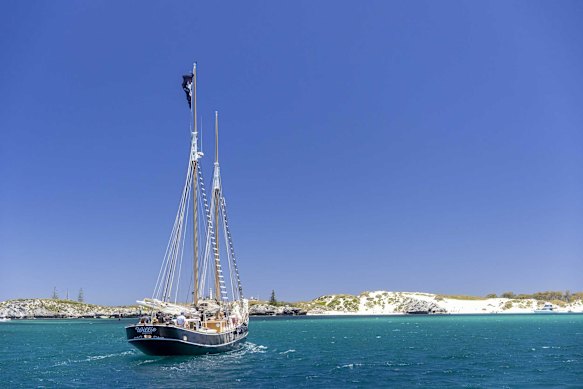 Willie the Pearl Lugger overlooks Rottnest Island’s turquoise and white shoreline.