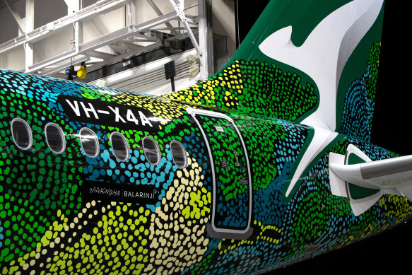 The A220 aircraft features the artwork of senior Pitjantjatjara artist Maringka Baker.