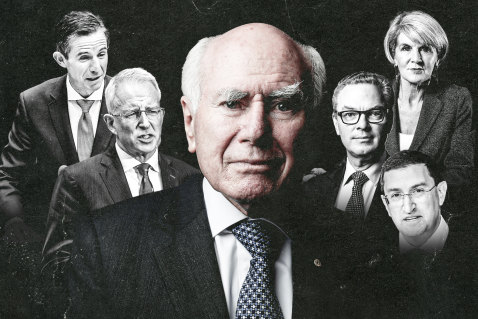 John Howard (centre) understood the need for a Liberal “broad church”. Departing, departed and sidelined liberals of the party: Simon Birmingham and Paul Fletcher (left);  Julie Bishop, Christopher Pyne and Julian Leeser.