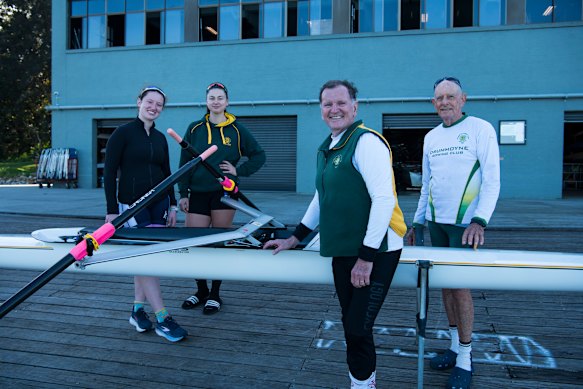 Drummoyne Rowing Club rowers Emma Malka and Amelia Cassidy, president Stephen Burke and patron Graham Wearne.