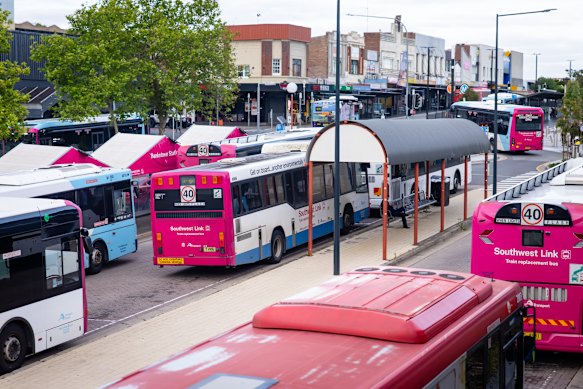 The pink buses will remain at Bankstown Station for the next few days. 