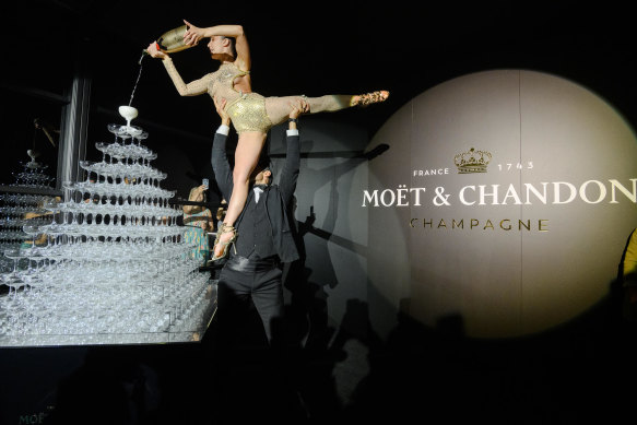 A good pour: The champagne tower at the Moet & Chandon Effervescence party on Thursday night.