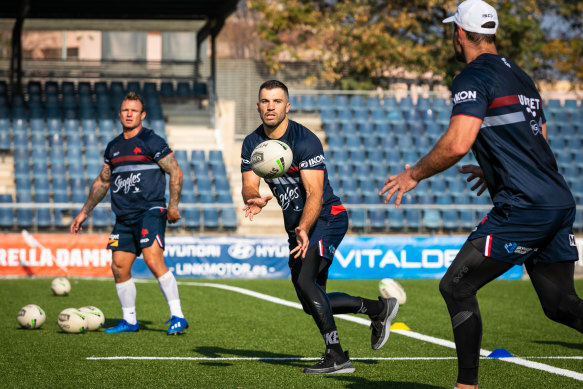 Roosters fullback James Tedesco training in Barcelona this week ahead of the World Club Challenge against St Helens.